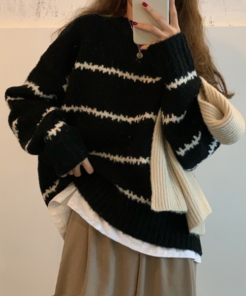 paravion(パラビオン)の「ボーダーニットプルオーバー(ニット/セーター・レディース・ベージュ/ブラック/ホワイト・FREE)」の1枚目の写真