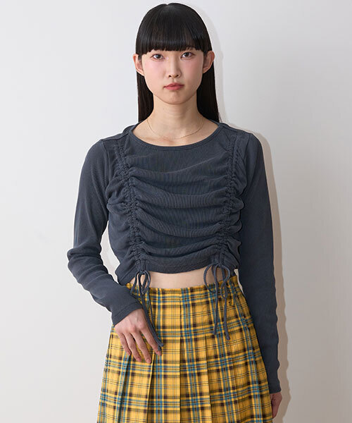 Mi-je(ミジェ)の「ピグメントシャーリングテレコ【韓国ファッション】(Tシャツ/カットソー・レディース・チャコール/パープル/カーキ/アイボリー・S/M)」の1枚目の写真