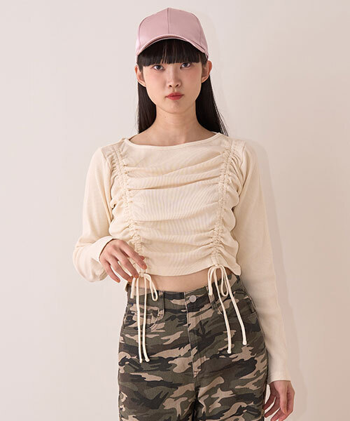 Mi-je(ミジェ)の「ピグメントシャーリングテレコ【韓国ファッション】(Tシャツ/カットソー・レディース・チャコール/パープル/カーキ/アイボリー・S/M)」の2枚目の写真