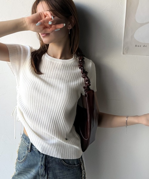 mily bilet(ミウィビレット)の「【mily bilet】トレンドのサイドリボン◎ドロスト使いボタンデザインサマーリブニットトップス(半袖)(Tシャツ/カットソー・レディース・ベージュ系その他/ホワイト×ブラック/ホワイト/ブラック・SMALL/X-LARGE/LARGE/MEDIUM)」の19枚目の写真