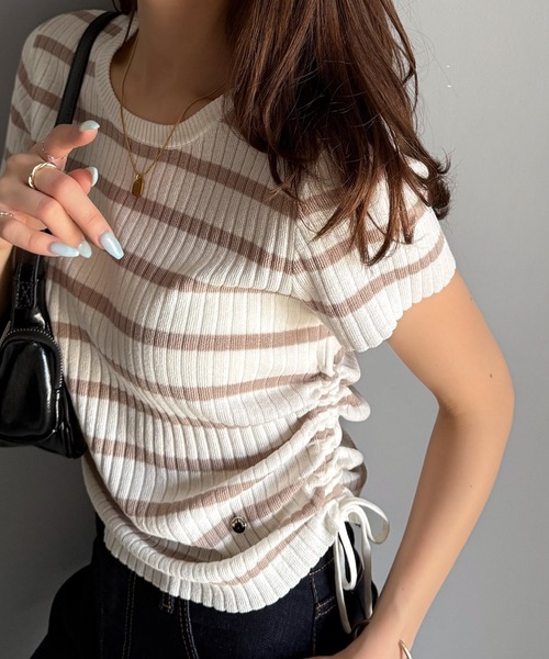 mily bilet(ミウィビレット)の「【mily bilet】トレンドのサイドリボン◎ドロスト使いボタンデザインサマーリブニットトップス(半袖)(Tシャツ/カットソー・レディース・ベージュ系その他/ホワイト×ブラック/ホワイト/ブラック・SMALL/X-LARGE/LARGE/MEDIUM)」の14枚目の写真