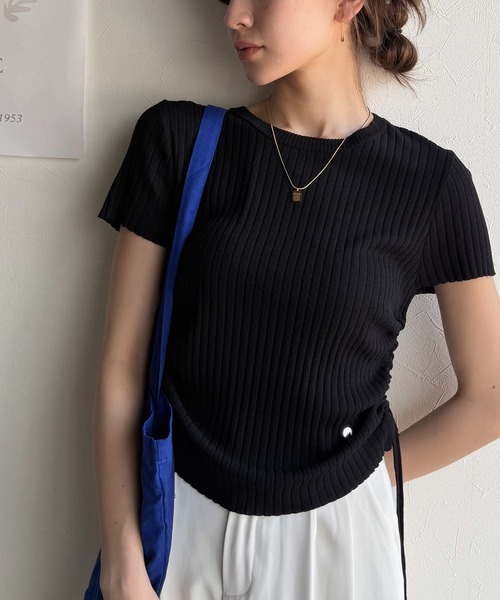 mily bilet(ミウィビレット)の「【mily bilet】トレンドのサイドリボン◎ドロスト使いボタンデザインサマーリブニットトップス(半袖)(Tシャツ/カットソー・レディース・ベージュ系その他/ホワイト×ブラック/ホワイト/ブラック・SMALL/X-LARGE/LARGE/MEDIUM)」の13枚目の写真