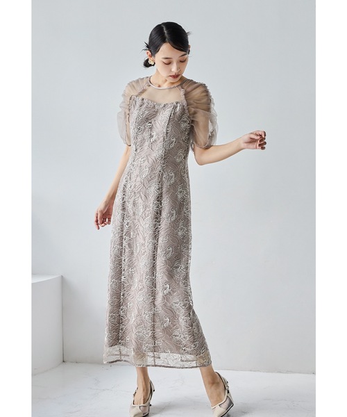 niana(ニアナ)の「刺繍レースギャザースリーブドレス パーティードレス オケージョンドレス 結婚式 二次会 同窓会 成人式 お呼ばれワンピース(ドレス・レディース・ブルー/グレイッシュベージュ/ネイビー/イエロー・M)」の7枚目の写真