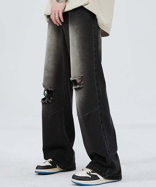 aimoha(アイモハ)の「【aimoha neo】Grunge Ripped Wide-Leg Jeans(デニムパンツ・メンズ・ブルー/ブラック・X-LARGE/MEDIUM/LARGE/XX-LARGE)」の1枚目の写真