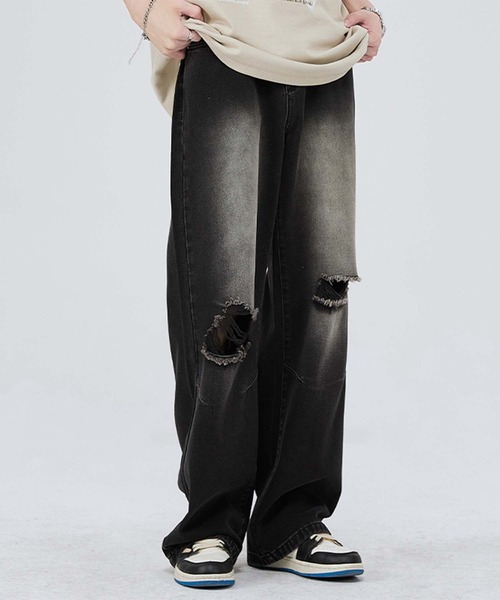 aimoha(アイモハ)の「【aimoha neo】Grunge Ripped Wide-Leg Jeans(デニムパンツ・メンズ・ブルー/ブラック・X-LARGE/MEDIUM/LARGE/XX-LARGE)」の14枚目の写真