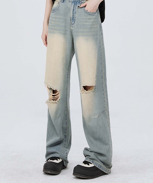 aimoha(アイモハ)の「【aimoha neo】Grunge Ripped Wide-Leg Jeans(デニムパンツ・メンズ・ブルー/ブラック・X-LARGE/MEDIUM/LARGE/XX-LARGE)」の11枚目の写真