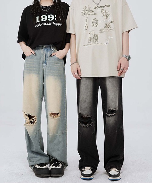 aimoha(アイモハ)の「【aimoha neo】Grunge Ripped Wide-Leg Jeans(デニムパンツ・メンズ・ブルー/ブラック・X-LARGE/MEDIUM/LARGE/XX-LARGE)」の3枚目の写真