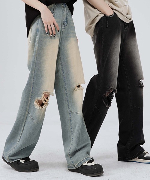 aimoha(アイモハ)の「【aimoha neo】Grunge Ripped Wide-Leg Jeans(デニムパンツ・メンズ・ブルー/ブラック・X-LARGE/MEDIUM/LARGE/XX-LARGE)」の7枚目の写真