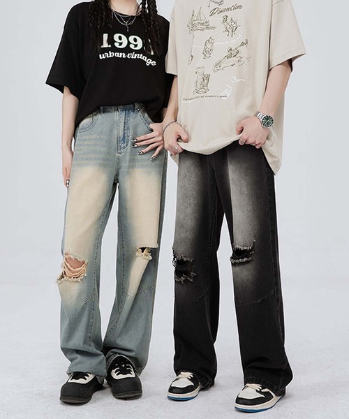 aimoha(アイモハ)の「【aimoha neo】Grunge Ripped Wide-Leg Jeans(デニムパンツ・メンズ・ブルー/ブラック・X-LARGE/MEDIUM/LARGE/XX-LARGE)」の4枚目の写真