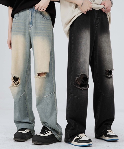 aimoha(アイモハ)の「【aimoha neo】Grunge Ripped Wide-Leg Jeans(デニムパンツ・メンズ・ブルー/ブラック・X-LARGE/MEDIUM/LARGE/XX-LARGE)」の5枚目の写真