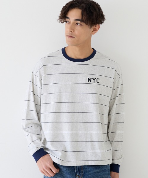 coca(coca)(コカ)の「ボーダーワッペンロングTシャツ(Tシャツ/カットソー・メンズ・ブラウン/ライトグレー/チャコール/ネイビー・XL/M/L)」の2枚目の写真