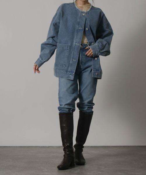 Social GIRL(ソーシャルガール)の「ボリューム袖 ノーカラー カットオフ オーバーサイズ デニムジャケット(デニムジャケット・レディース・ブラック/ライトブルー/ブルー・M/L)」の16枚目の写真