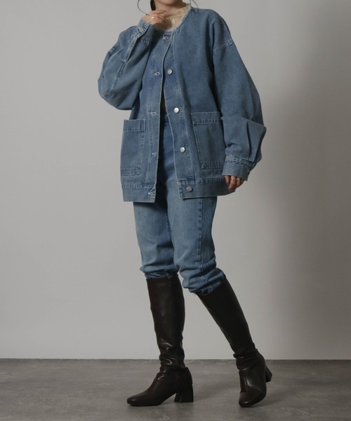 Social GIRL(ソーシャルガール)の「ボリューム袖 ノーカラー カットオフ オーバーサイズ デニムジャケット(デニムジャケット・レディース・ブラック/ライトブルー/ブルー・M/L)」の17枚目の写真
