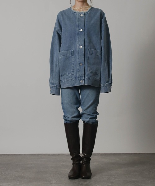 Social GIRL(ソーシャルガール)の「ボリューム袖 ノーカラー カットオフ オーバーサイズ デニムジャケット(デニムジャケット・レディース・ブラック/ライトブルー/ブルー・M/L)」の7枚目の写真