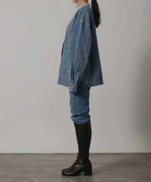Social GIRL(ソーシャルガール)の「ボリューム袖 ノーカラー カットオフ オーバーサイズ デニムジャケット(デニムジャケット・レディース・ブラック/ライトブルー/ブルー・M/L)」の8枚目の写真