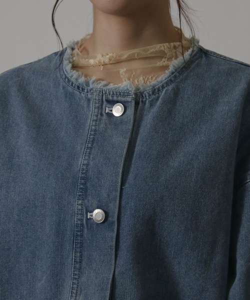 Social GIRL(ソーシャルガール)の「ボリューム袖 ノーカラー カットオフ オーバーサイズ デニムジャケット(デニムジャケット・レディース・ブラック/ライトブルー/ブルー・M/L)」の18枚目の写真