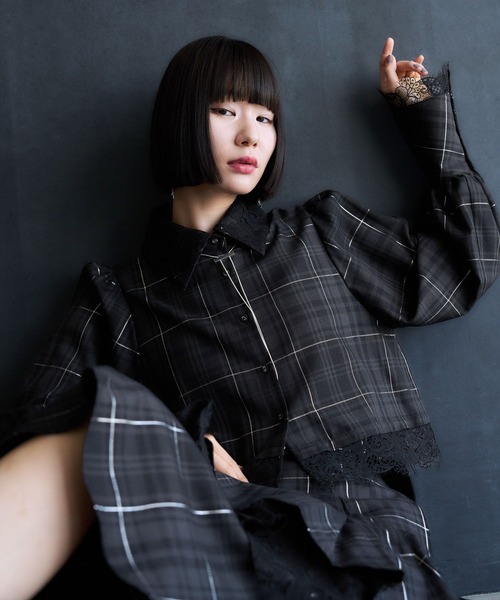 HARE エッジモード タータンチェック レース ブラウス レッド HARE