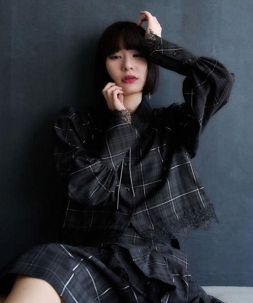 HARE エッジモード タータンチェック レース ブラウス レッド HARE