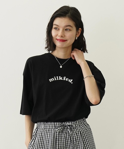 ミルクフェド MILKFED. ミルクフェド プレイドロゴ ワイドショートスリーブTシャツ 103252011010 SU25 MILKFED. PLAID LOGO WIDE S S TEE LtPINK  正規取扱店 MILKFED. ミルクフェド プレイドロゴ ワイドショートスリーブT