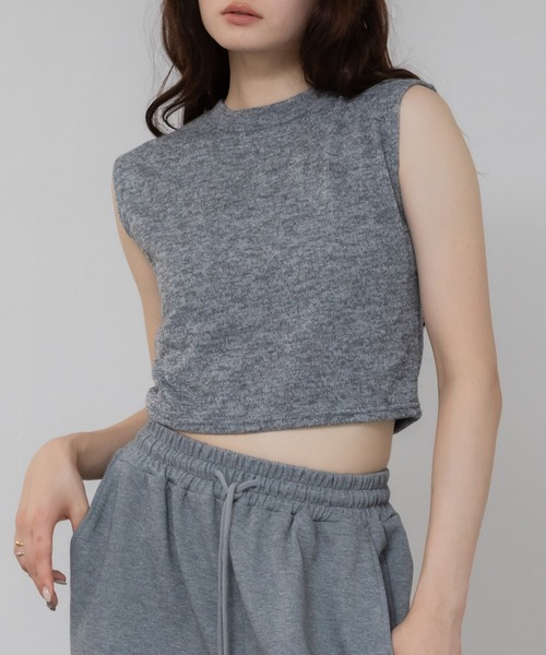 パイル地クロップトタンクトップ/ノースリーブ 春服 夏服 韓国