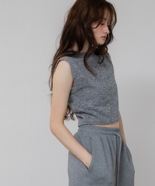 セール】パイル地クロップトタンクトップ/ノースリーブ 春服 夏服 韓国