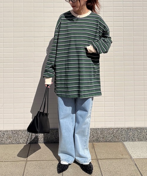 ISOOK(アイスー)の「【ISOOK / アイスー】オーバーサイズカラーボーダーTシャツ / ビックシルエット 長袖 ロンT ロングスリーブ クルーネック ユニセックス 細ボーダー 青 緑 白 ネイビー グリーン アイボリー ZOZOTOWN限定(Tシャツ/カットソー・レディース・ネイビー/グリーン/アイボリー・FREE)」の18枚目の写真