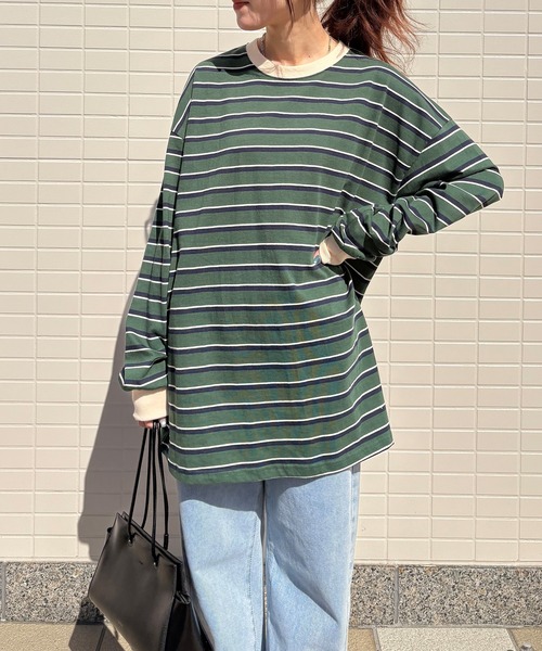 ISOOK(アイスー)の「【ISOOK / アイスー】オーバーサイズカラーボーダーTシャツ / ビックシルエット 長袖 ロンT ロングスリーブ クルーネック ユニセックス 細ボーダー 青 緑 白 ネイビー グリーン アイボリー ZOZOTOWN限定(Tシャツ/カットソー・レディース・ネイビー/グリーン/アイボリー・FREE)」の16枚目の写真