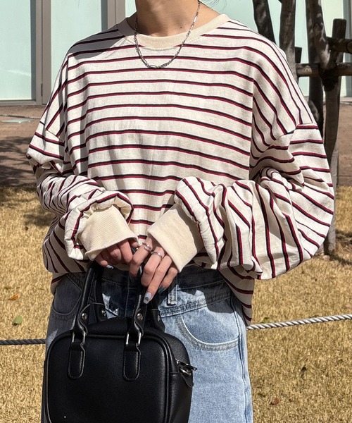 ISOOK(アイスー)の「【ISOOK / アイスー】オーバーサイズカラーボーダーTシャツ / ビックシルエット 長袖 ロンT ロングスリーブ クルーネック ユニセックス 細ボーダー 青 緑 白 ネイビー グリーン アイボリー ZOZOTOWN限定(Tシャツ/カットソー・レディース・ネイビー/グリーン/アイボリー・FREE)」の8枚目の写真