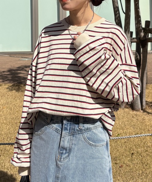 ISOOK(アイスー)の「【ISOOK / アイスー】オーバーサイズカラーボーダーTシャツ / ビックシルエット 長袖 ロンT ロングスリーブ クルーネック ユニセックス 細ボーダー 青 緑 白 ネイビー グリーン アイボリー ZOZOTOWN限定(Tシャツ/カットソー・レディース・ネイビー/グリーン/アイボリー・FREE)」の11枚目の写真