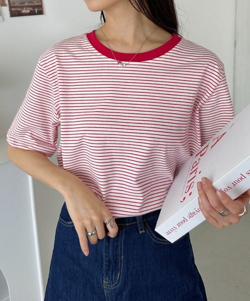 CLEA(クレア)の「【7色展開】ボーダーリンガー半袖Tシャツ(Tシャツ/カットソー・レディース・ピンク/グリーン/ホワイト/ブルー/ブラック/アイボリー/レッド・FREE)」の7枚目の写真