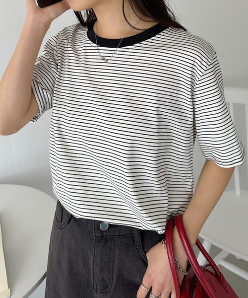 CLEA(クレア)の「【7色展開】ボーダーリンガー半袖Tシャツ(Tシャツ/カットソー・レディース・ピンク/グリーン/ホワイト/ブルー/ブラック/アイボリー/レッド・FREE)」の2枚目の写真