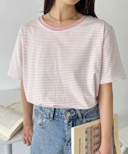 CLEA(クレア)の「【7色展開】ボーダーリンガー半袖Tシャツ(Tシャツ/カットソー・レディース・ピンク/グリーン/ホワイト/ブルー/ブラック/アイボリー/レッド・FREE)」の6枚目の写真