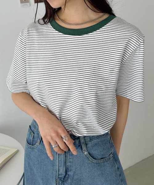 CLEA(クレア)の「【7色展開】ボーダーリンガー半袖Tシャツ(Tシャツ/カットソー・レディース・ピンク/グリーン/ホワイト/ブルー/ブラック/アイボリー/レッド・FREE)」の4枚目の写真