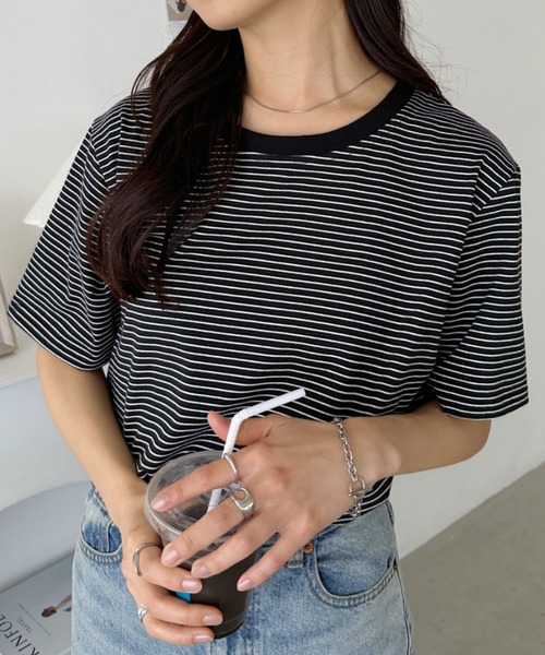 CLEA(クレア)の「【7色展開】ボーダーリンガー半袖Tシャツ(Tシャツ/カットソー・レディース・ピンク/グリーン/ホワイト/ブルー/ブラック/アイボリー/レッド・FREE)」の1枚目の写真