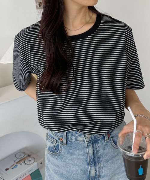 CLEA(クレア)の「【7色展開】ボーダーリンガー半袖Tシャツ(Tシャツ/カットソー・レディース・ピンク/グリーン/ホワイト/ブルー/ブラック/アイボリー/レッド・FREE)」の18枚目の写真