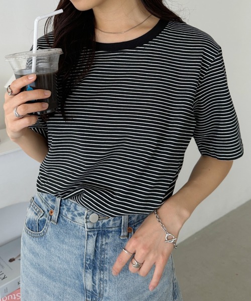 CLEA(クレア)の「【7色展開】ボーダーリンガー半袖Tシャツ(Tシャツ/カットソー・レディース・ピンク/グリーン/ホワイト/ブルー/ブラック/アイボリー/レッド・FREE)」の19枚目の写真