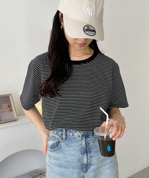 CLEA(クレア)の「【7色展開】ボーダーリンガー半袖Tシャツ(Tシャツ/カットソー・レディース・ピンク/グリーン/ホワイト/ブルー/ブラック/アイボリー/レッド・FREE)」の20枚目の写真