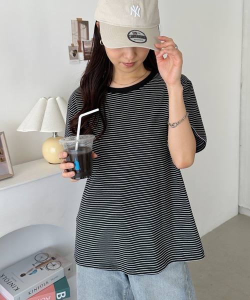 CLEA(クレア)の「【7色展開】ボーダーリンガー半袖Tシャツ(Tシャツ/カットソー・レディース・ピンク/グリーン/ホワイト/ブルー/ブラック/アイボリー/レッド・FREE)」の22枚目の写真