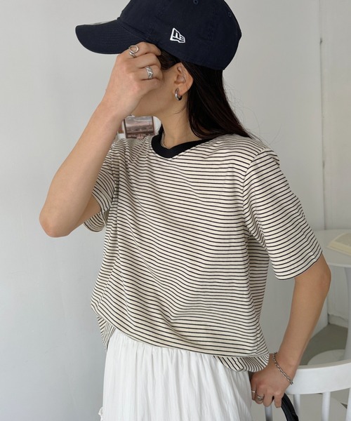 CLEA(クレア)の「【7色展開】ボーダーリンガー半袖Tシャツ(Tシャツ/カットソー・レディース・ピンク/グリーン/ホワイト/ブルー/ブラック/アイボリー/レッド・FREE)」の16枚目の写真