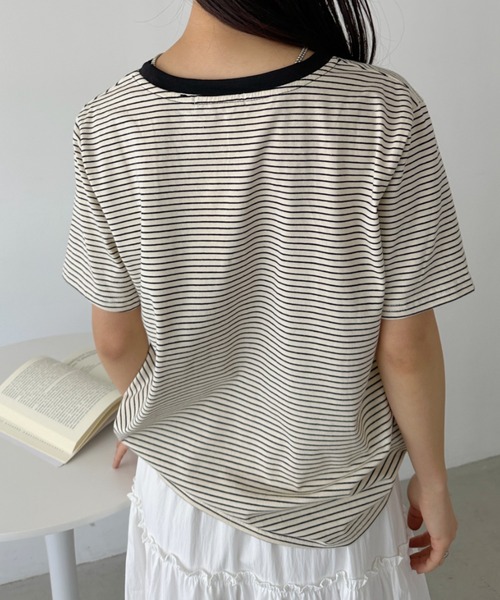 CLEA(クレア)の「【7色展開】ボーダーリンガー半袖Tシャツ(Tシャツ/カットソー・レディース・ピンク/グリーン/ホワイト/ブルー/ブラック/アイボリー/レッド・FREE)」の17枚目の写真