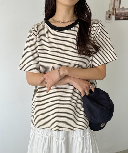 CLEA(クレア)の「【7色展開】ボーダーリンガー半袖Tシャツ(Tシャツ/カットソー・レディース・ピンク/グリーン/ホワイト/ブルー/ブラック/アイボリー/レッド・FREE)」の13枚目の写真