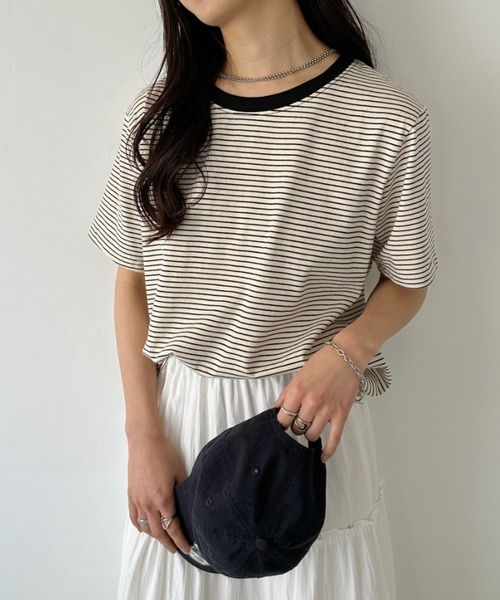 CLEA(クレア)の「【7色展開】ボーダーリンガー半袖Tシャツ(Tシャツ/カットソー・レディース・ピンク/グリーン/ホワイト/ブルー/ブラック/アイボリー/レッド・FREE)」の14枚目の写真