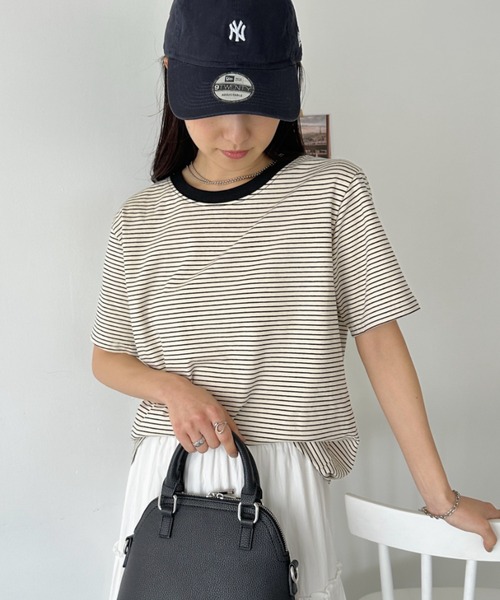 CLEA(クレア)の「【7色展開】ボーダーリンガー半袖Tシャツ(Tシャツ/カットソー・レディース・ピンク/グリーン/ホワイト/ブルー/ブラック/アイボリー/レッド・FREE)」の15枚目の写真