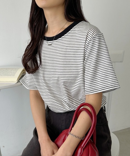 CLEA(クレア)の「【7色展開】ボーダーリンガー半袖Tシャツ(Tシャツ/カットソー・レディース・ピンク/グリーン/ホワイト/ブルー/ブラック/アイボリー/レッド・FREE)」の11枚目の写真