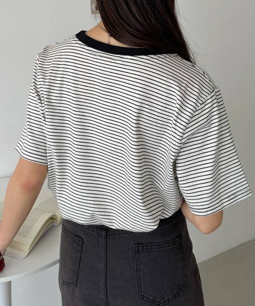 CLEA(クレア)の「【7色展開】ボーダーリンガー半袖Tシャツ(Tシャツ/カットソー・レディース・ピンク/グリーン/ホワイト/ブルー/ブラック/アイボリー/レッド・FREE)」の12枚目の写真