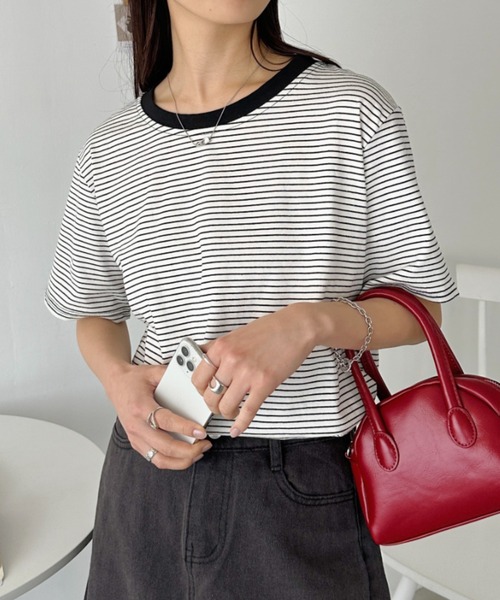 CLEA(クレア)の「【7色展開】ボーダーリンガー半袖Tシャツ(Tシャツ/カットソー・レディース・ピンク/グリーン/ホワイト/ブルー/ブラック/アイボリー/レッド・FREE)」の9枚目の写真