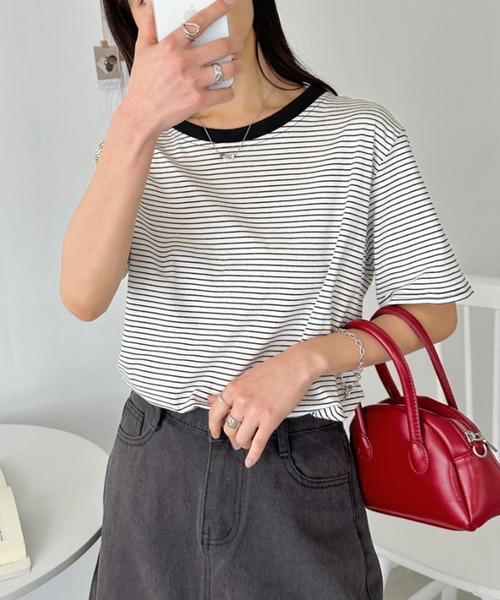 CLEA(クレア)の「【7色展開】ボーダーリンガー半袖Tシャツ(Tシャツ/カットソー・レディース・ピンク/グリーン/ホワイト/ブルー/ブラック/アイボリー/レッド・FREE)」の10枚目の写真