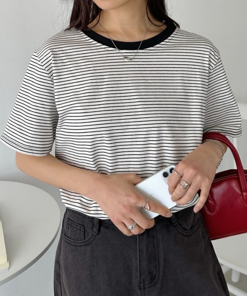 CLEA(クレア)の「【7色展開】ボーダーリンガー半袖Tシャツ(Tシャツ/カットソー・レディース・ピンク/グリーン/ホワイト/ブルー/ブラック/アイボリー/レッド・FREE)」の8枚目の写真