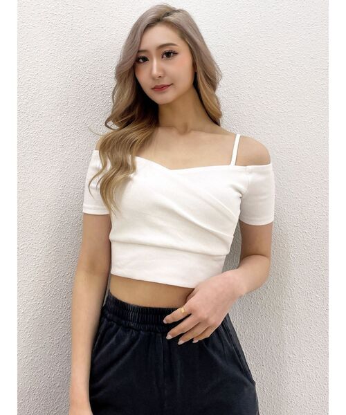 GYDA（ジェイダ）の「ハーフスリーブカシュクールオフショルショートトップス（Tシャツ/カットソー・レディース・オフホワイト/ブラック/スカイブルー・FREE）」の11枚目の写真