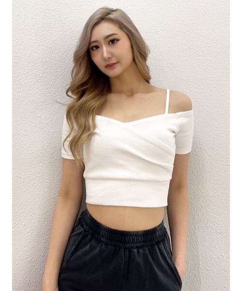 ラスト1点！GYDA ハーフスリーブカシュクールオフショルショートTOPS WH GYDA ハーフスリーブカシュクールオフショルショートTOPS